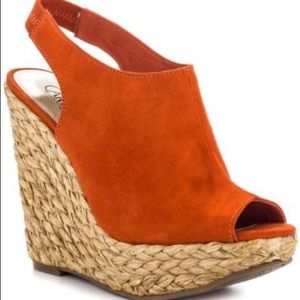 Orange peep-toe high heel wedge sandals; size 10M